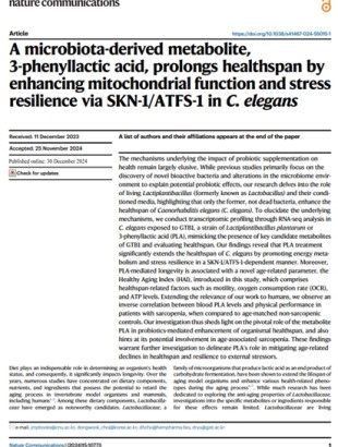 microbiota-derived metabolite, 3-phenyllactic acid, prolongs healthspan by enhancing mitochondrial function and stress resilience via SKN-1/ATFS-1.
