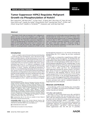 HIPK2 tumor suppressor regulates tumor cell growth via the phosphorylation of Notch1.